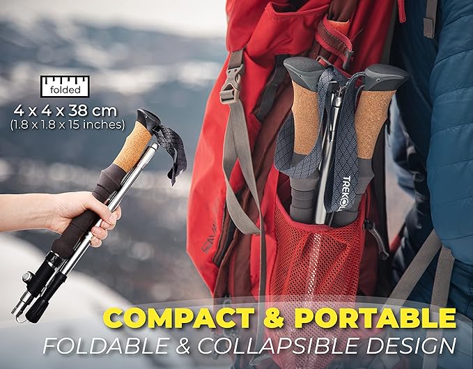 TREKOLOGY Trek-Z Cork Grip Trekking Poles – Lightweight Folding Hiking Poles, Adjustable Height, Compact Travel Design, Aircraft-Grade Aluminum Walking Sticks for Men & Women